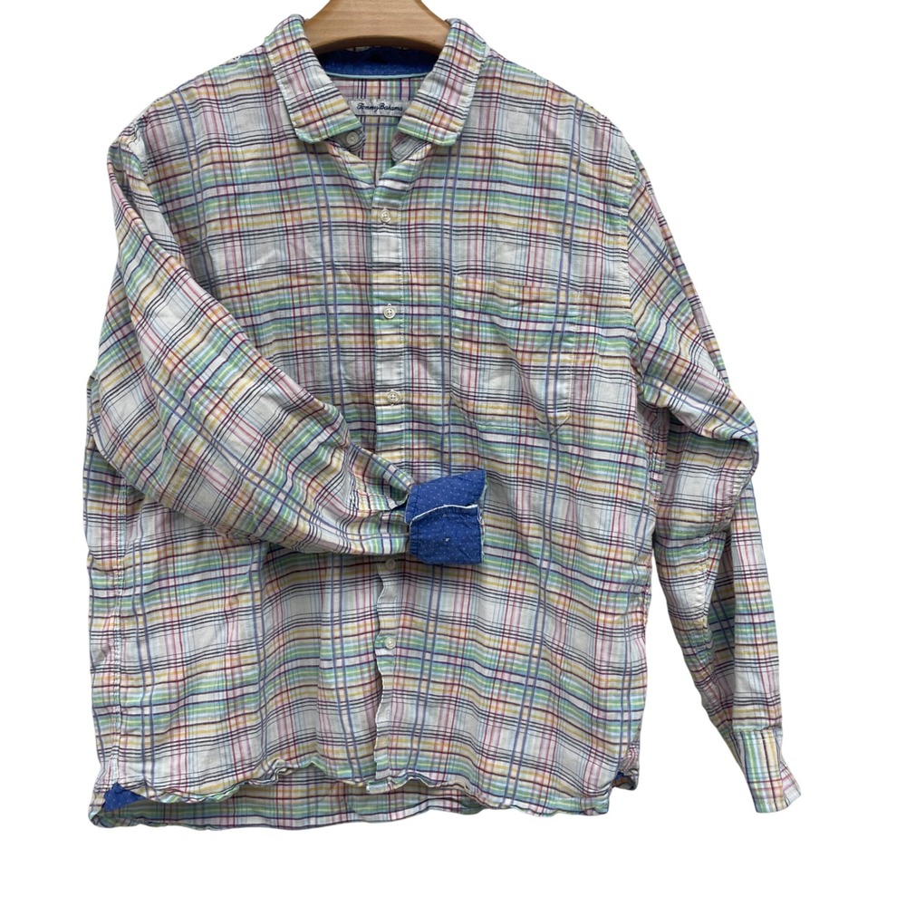 Tommy Bahama XL Mens Linen Blend Long Sleeve Plaid Button Down‎ Shirt